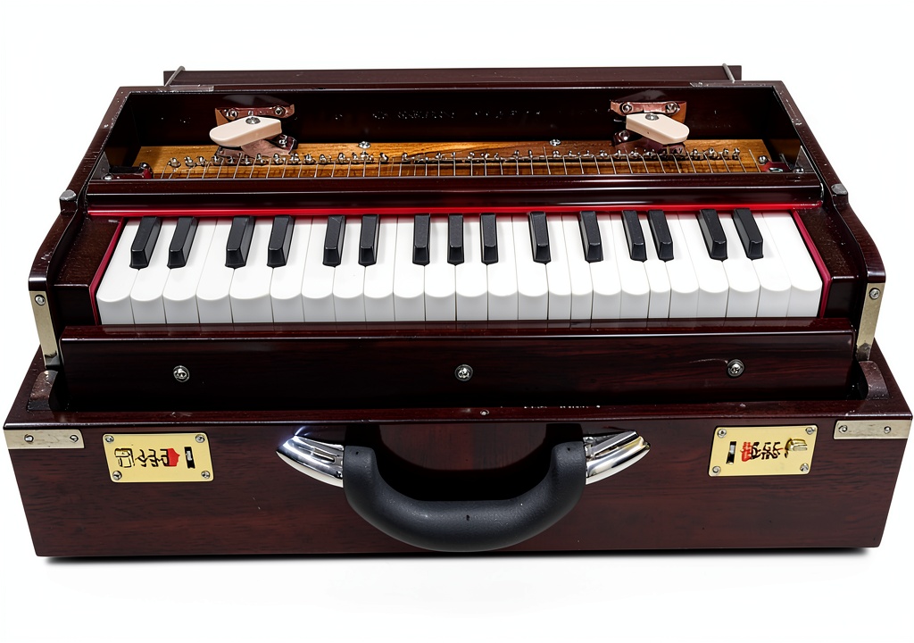 Superbrass Harmonium Teak Wood 3 1/2 Octave being set up on a wooden studio desk