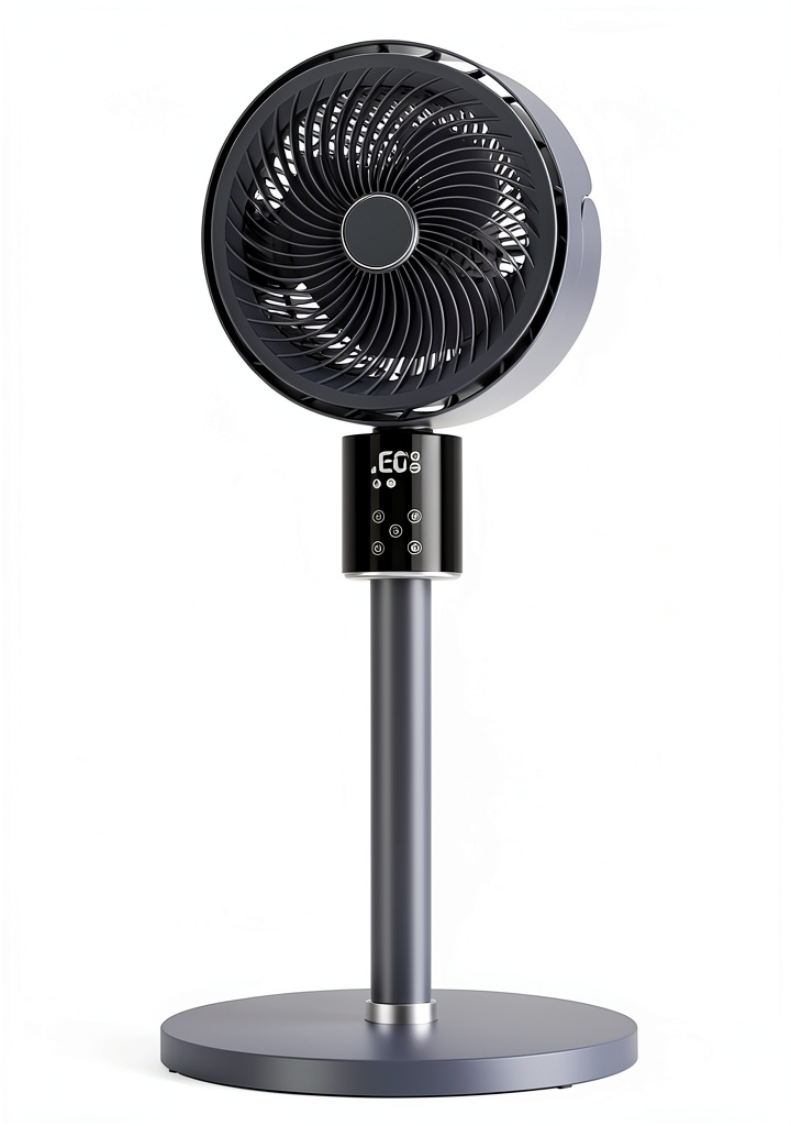 Feculs Official Dark Gray Pedestal Fan in a bedroom