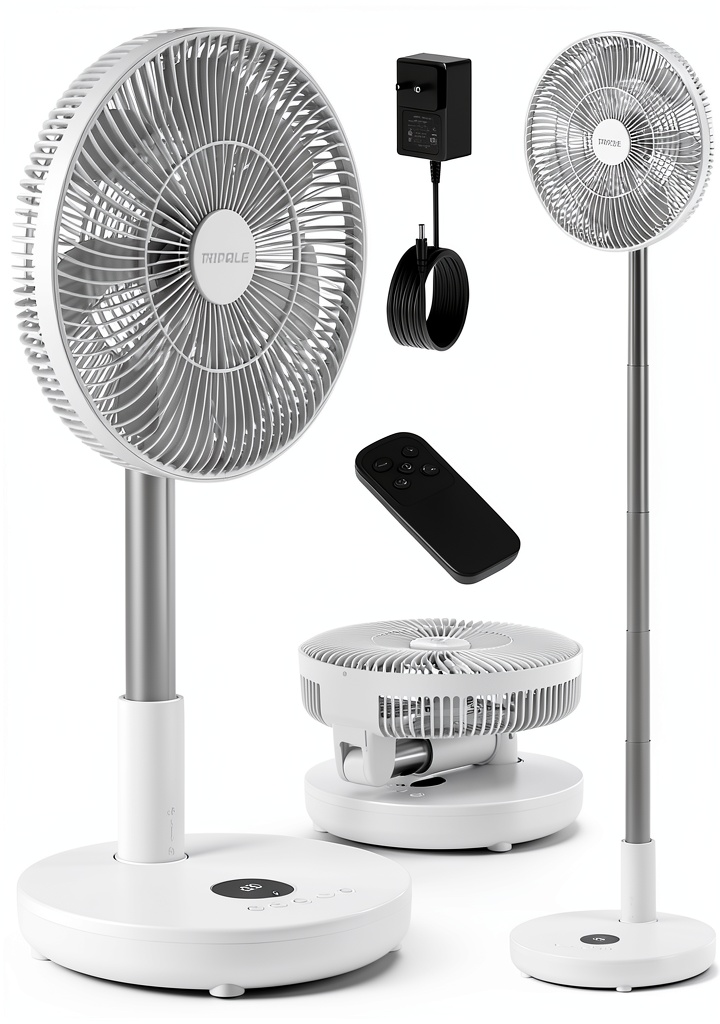 TriPole floor fan operating in a bedroom with remote control in hand