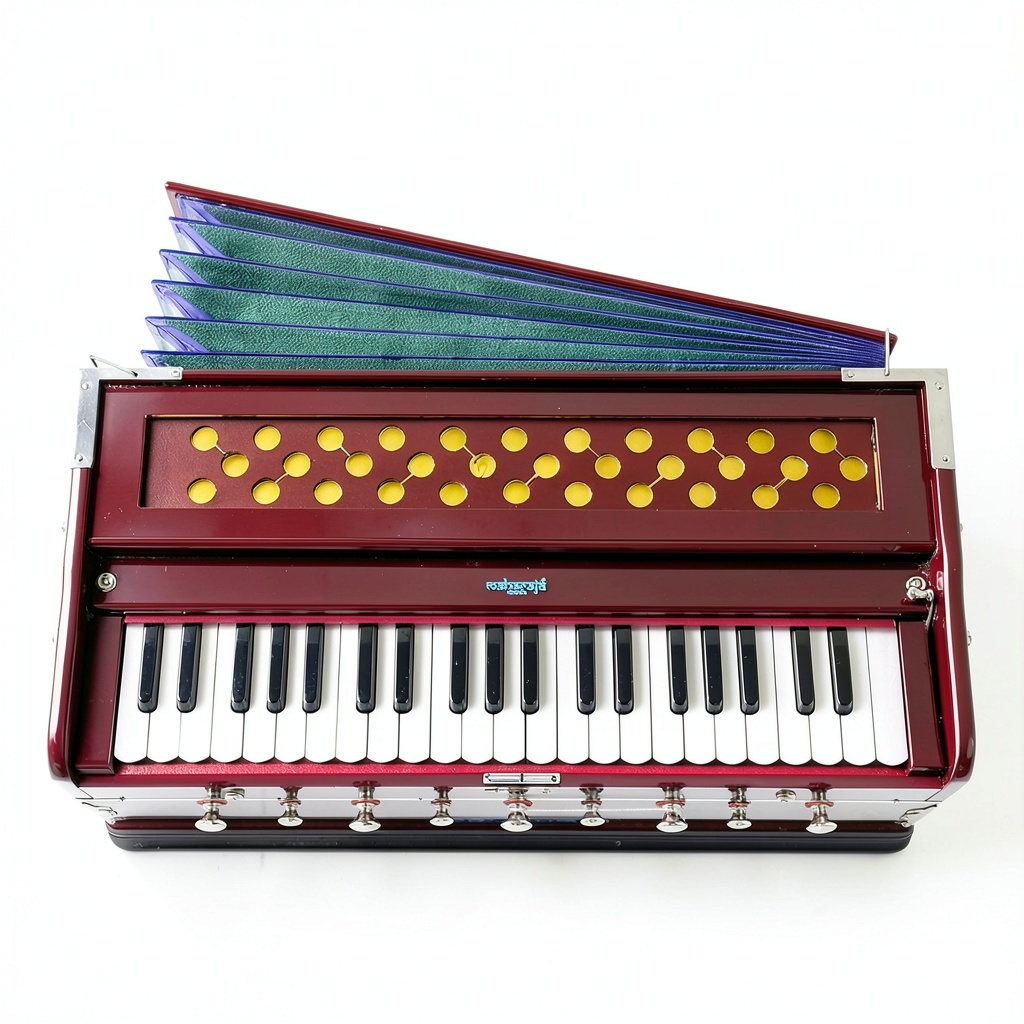 Mahogany harmonium body showcasing wood grain