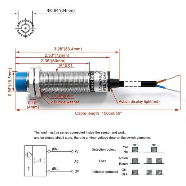 Heschen M18 Capacitive Proximity Sensor Non-Shield NC 10mm 90-250VAC-1